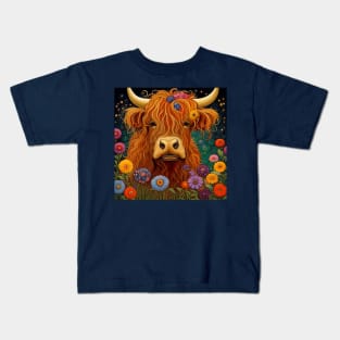 Sweet Scottish Highland Cow Under The Stars Kids T-Shirt